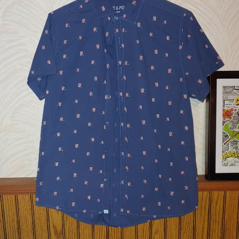 Men's Blue Short Sleeve Shirt with Popcorn print